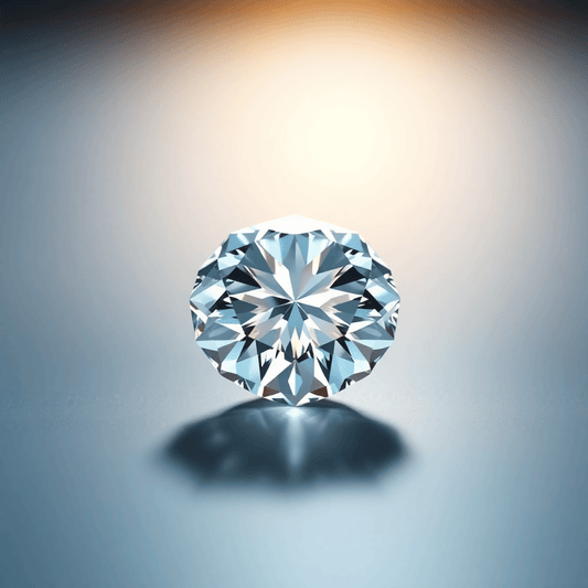 Close-up of a sparkling, perfectly cut diamond on a smooth reflective surface with soft light highlighting its brilliance and facets.
