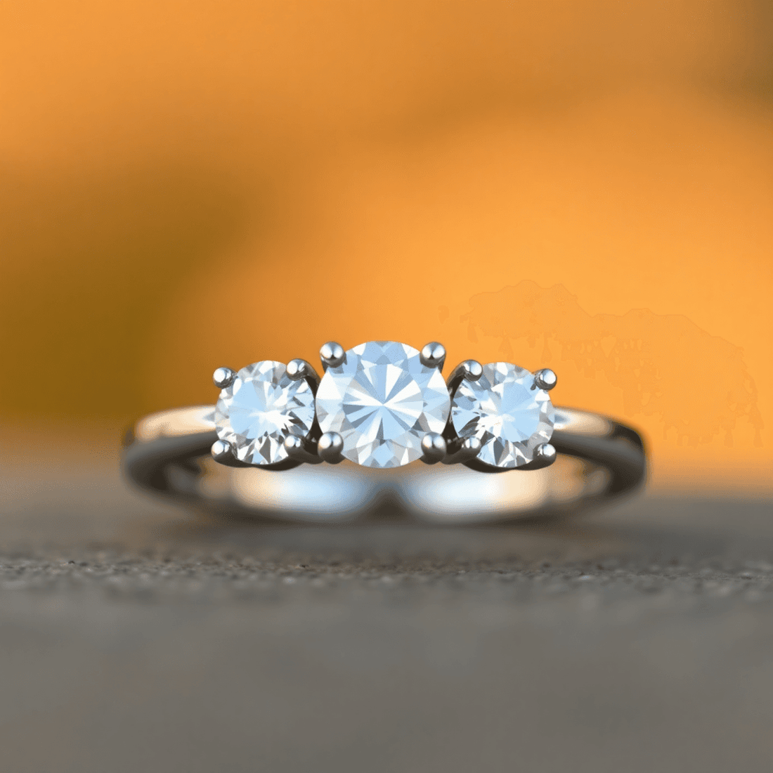 Close-up of a three-stone engagement ring with sparkling gems on a polished metal band, highlighted by warm, natural light and a softly blurred background.