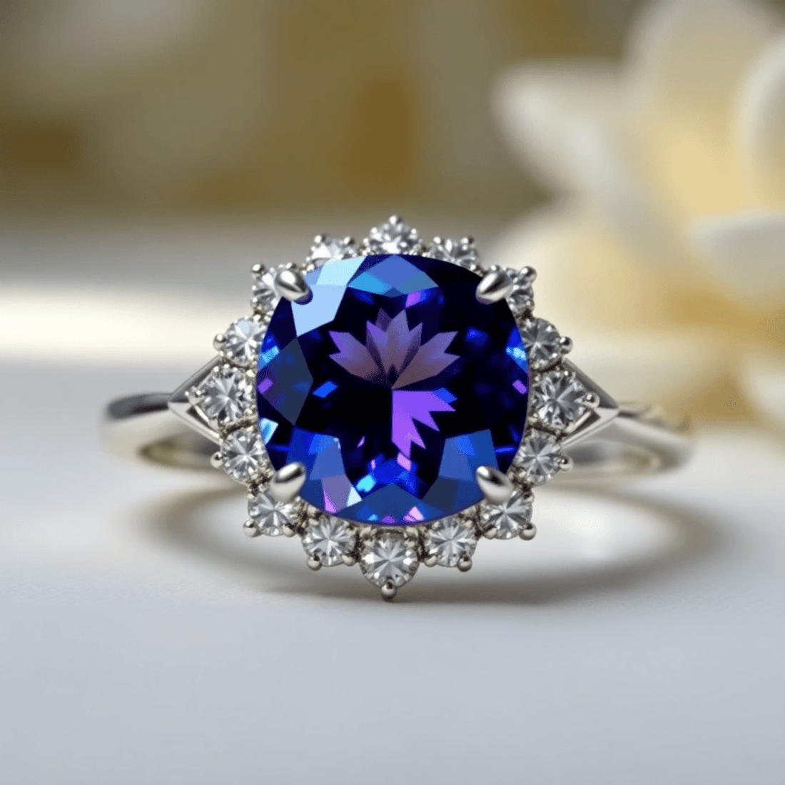 Close-up of a sapphire engagement ring with sparkling accent stones, highlighted by soft natural light on an elegant background.