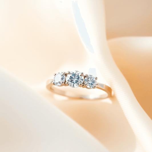Close-up of a three-stone diamond ring on soft fabric, with natural light highlighting the sparkling diamonds and elegant design.
