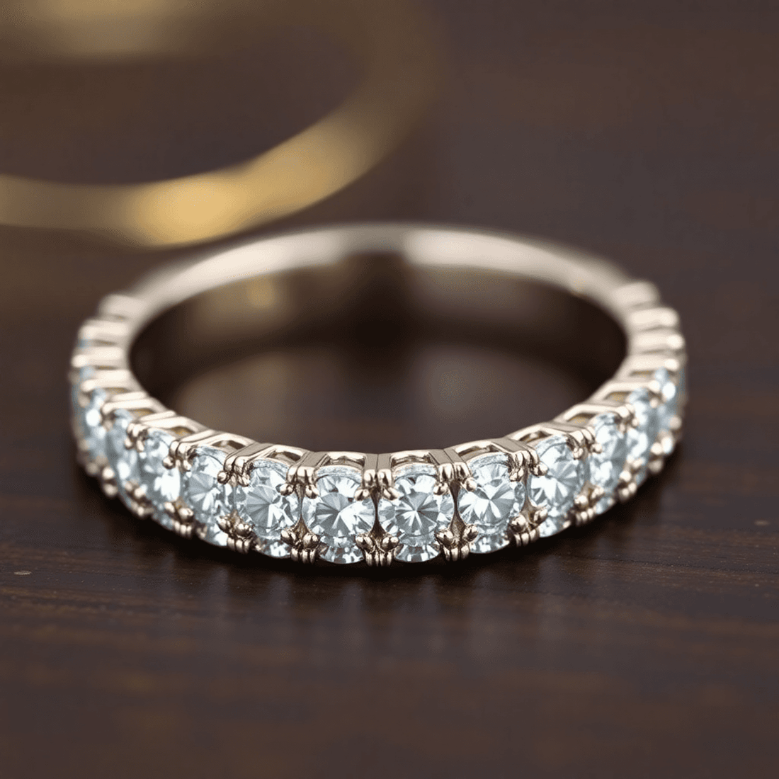 Close-up of a men's diamond eternity wedding band on dark wood, highlighting sparkling diamonds and elegant craftsmanship with soft lighting.