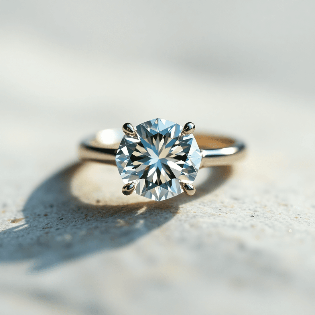Close-up of a sparkling lab-grown sidestone ring on a smooth stone surface, illuminated by soft glowing light highlighting its clarity and brilliance.