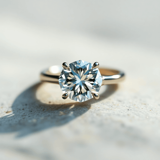 Close-up of a sparkling lab-grown sidestone ring on a smooth stone surface, illuminated by soft glowing light highlighting its clarity and brilliance.