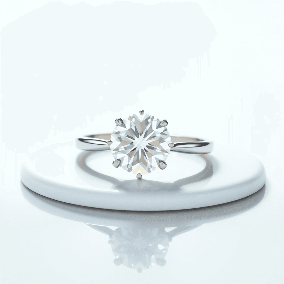 A sparkling diamond ring on a reflective surface with soft light, surrounded by abstract shapes symbolizing trust and transparency against a bright background.
