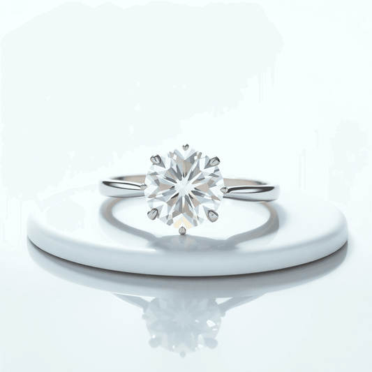 A sparkling diamond ring on a reflective surface with soft light, surrounded by abstract shapes symbolizing trust and transparency against a bright background.