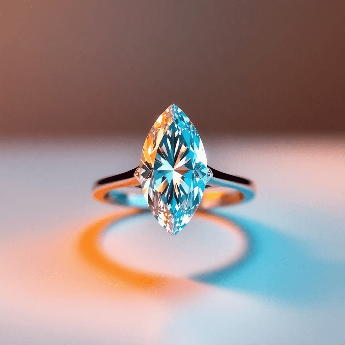 A sparkling marquise-cut diamond ring with glowing light, set against a smooth gradient background blending warm and cool tones.