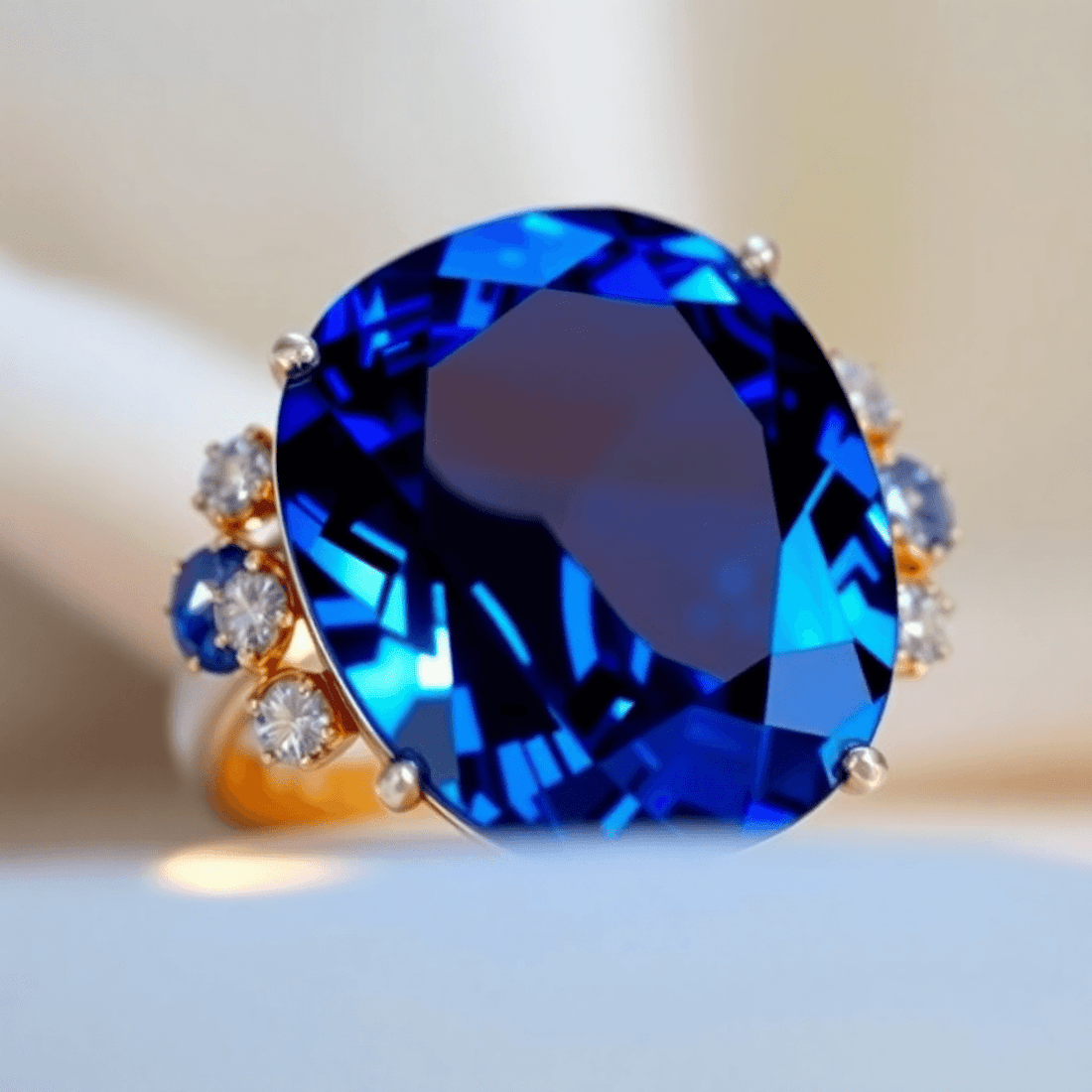 Close-up of a vibrant deep blue sapphire gemstone set in elegant jewelry against a soft, luxurious background.