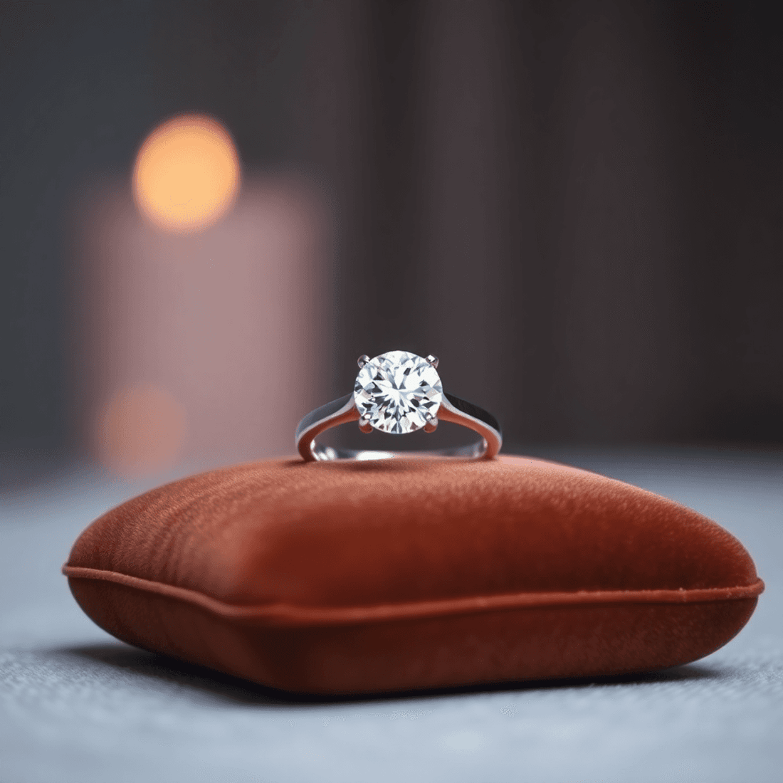 Close-up of a classic solitaire diamond engagement ring on a velvet cushion with soft romantic lighting and a blurred background.
