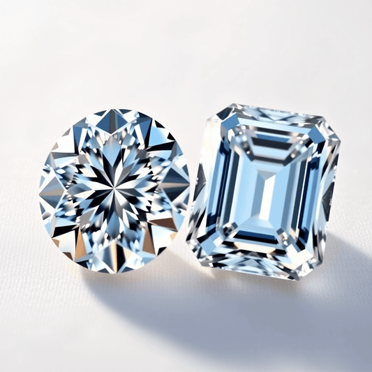 Close-up of two sparkling diamonds on a soft background: one oval cut with brilliant facets, one emerald cut with clean step-cut facets and subtle reflections.
