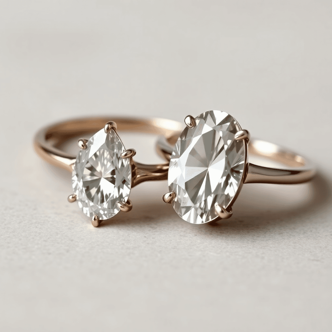 Close-up of two sparkling diamond rings on a soft background, one pear-shaped and one oval-shaped, showcasing their unique shapes and brilliance.