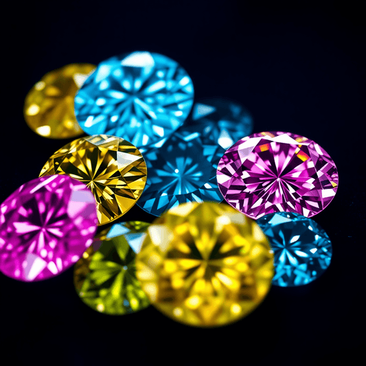 Close-up of vibrant yellow, blue, and pink diamonds sparkling on dark velvet, highlighting their vivid colors and brilliance.
