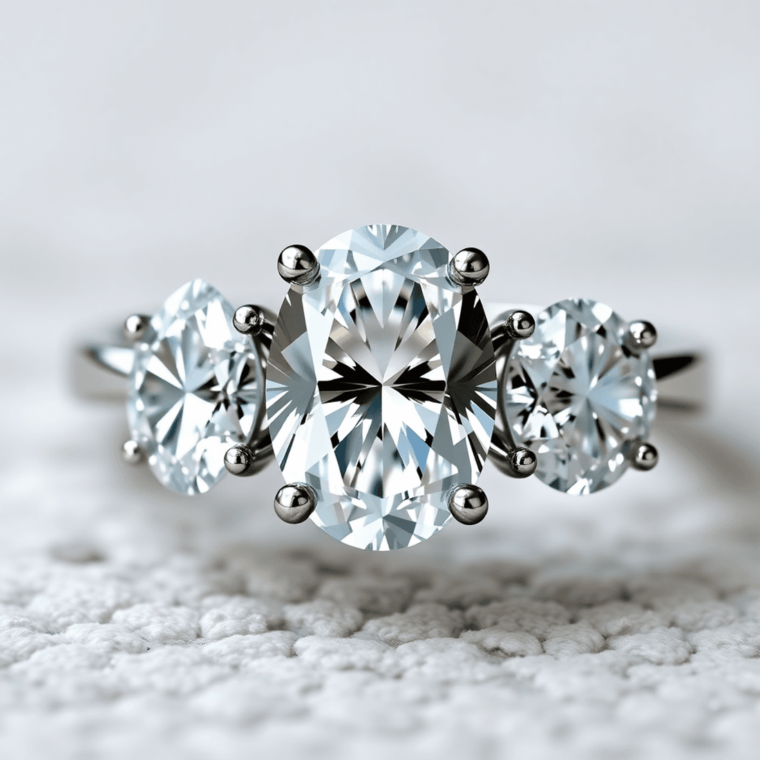 Close-up of an elegant engagement ring with a large oval diamond center and two smaller pear-shaped and round diamonds on a soft, blurred background.