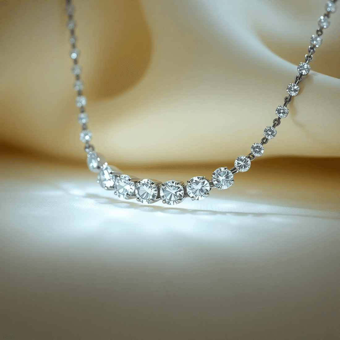 Close-up of a sparkling diamond tennis necklace with round brilliant diamonds glowing on a soft, luxurious background.