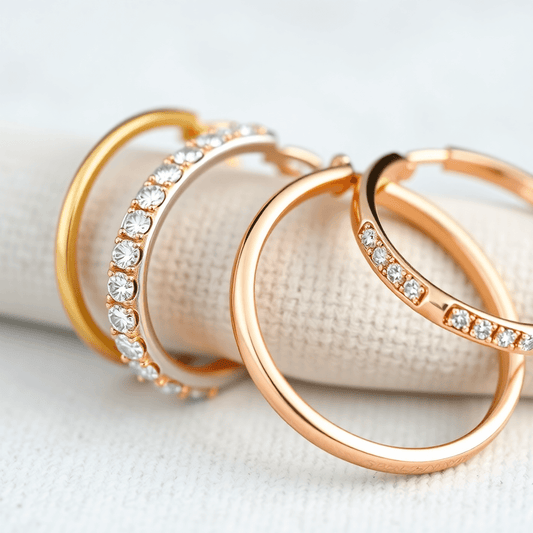 Close-up of diamond hoop earrings in yellow, white, and rose gold on a soft neutral background with gentle lighting highlighting their sparkle.