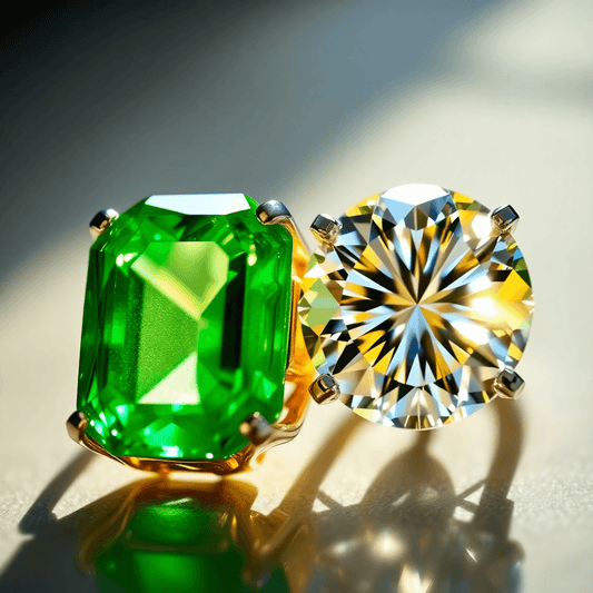 Close-up of an emerald and diamond in gold and platinum settings, highlighting the emerald's green depth and diamond's brilliance under soft natural light.