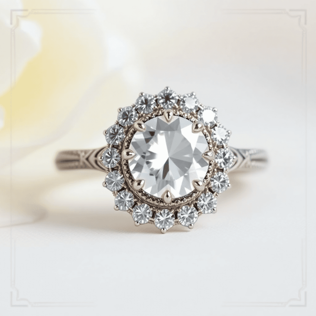 Close-up of a sparkling halo engagement ring with a large central gemstone surrounded by smaller diamonds on a soft, elegant background.