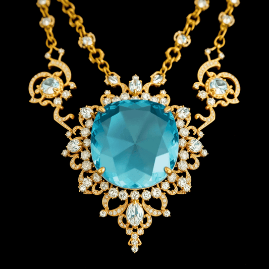 Close-up of a luxurious necklace with a large gemstone centerpiece surrounded by intricate gold and diamond details on dark velvet.