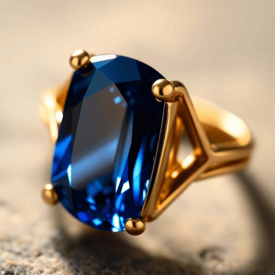 Close-up of a sapphire ring with a deep blue gemstone in a handcrafted gold band, illuminated by warm light that highlights its rich color and fine craftsmanshi