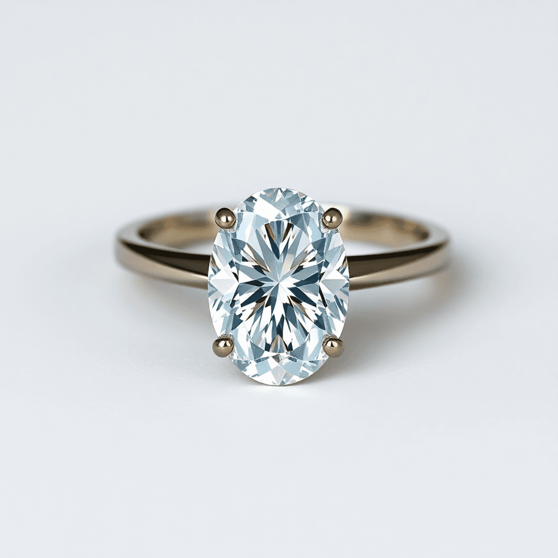 Close-up of a sparkling oval cut diamond ring on a soft neutral background with gentle lighting highlighting its brilliance and facets.
