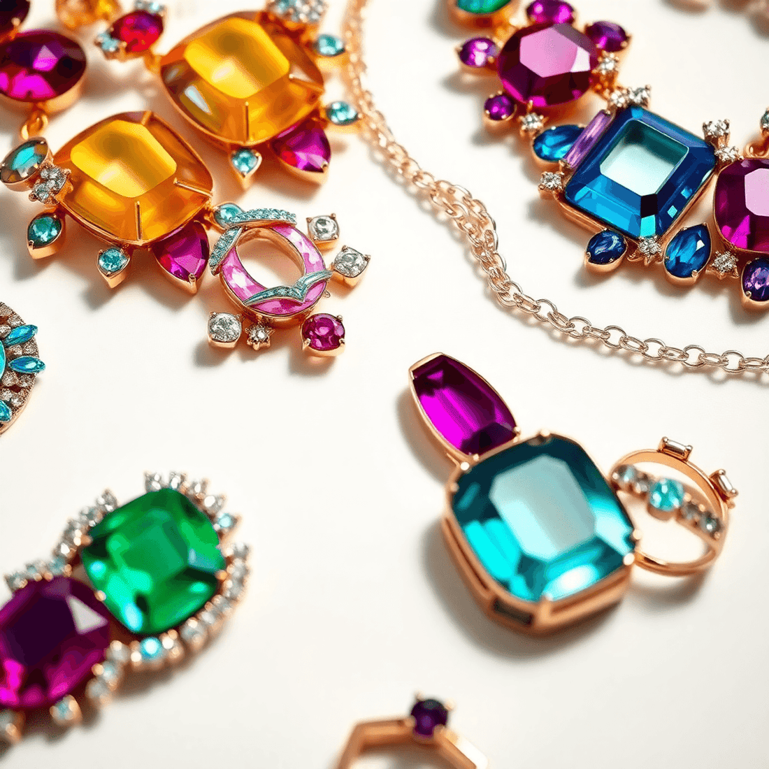 Close-up of bold, oversized geometric earrings, colorful gemstones, charm necklaces, and stacked rings on a sleek surface with soft lighting highlighting their 