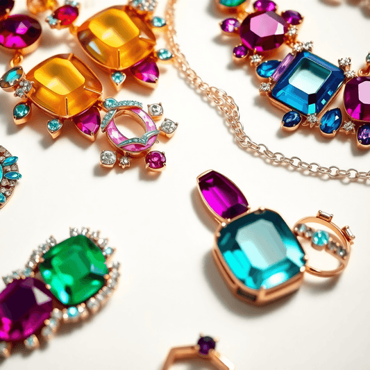 Close-up of bold, oversized geometric earrings, colorful gemstones, charm necklaces, and stacked rings on a sleek surface with soft lighting highlighting their 