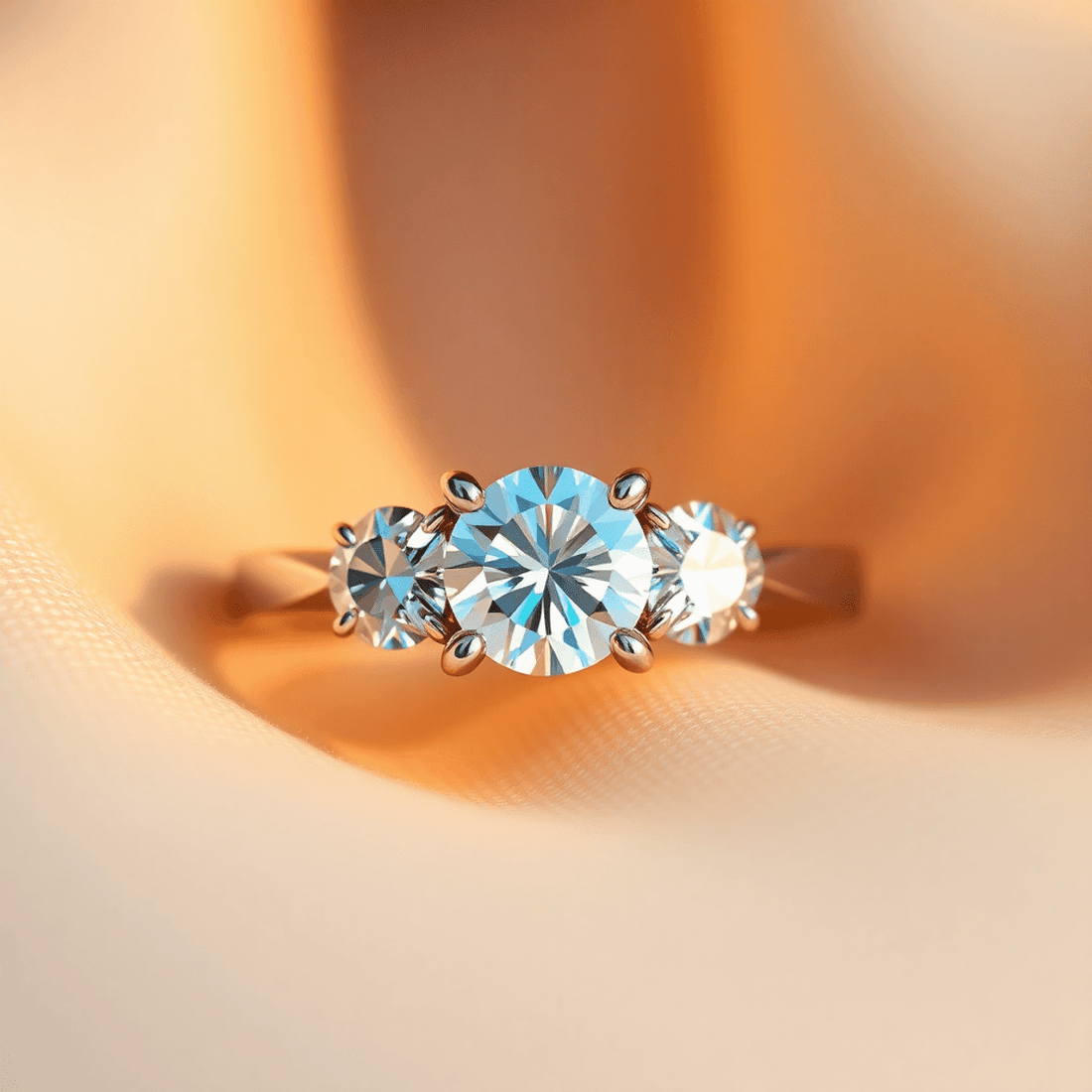 Close-up of a three-stone diamond engagement ring on soft fabric, with warm lighting highlighting the sparkle and brilliance of each diamond.
