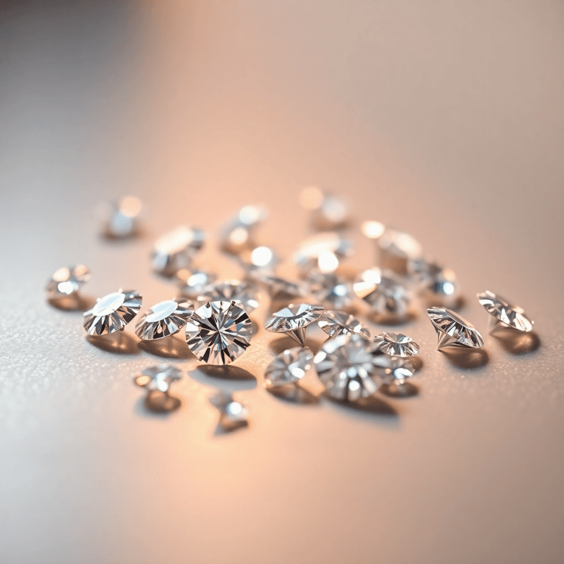 Close-up of small sparkling diamonds scattered on a smooth reflective surface, glowing softly under warm light to highlight their brilliance and details.
