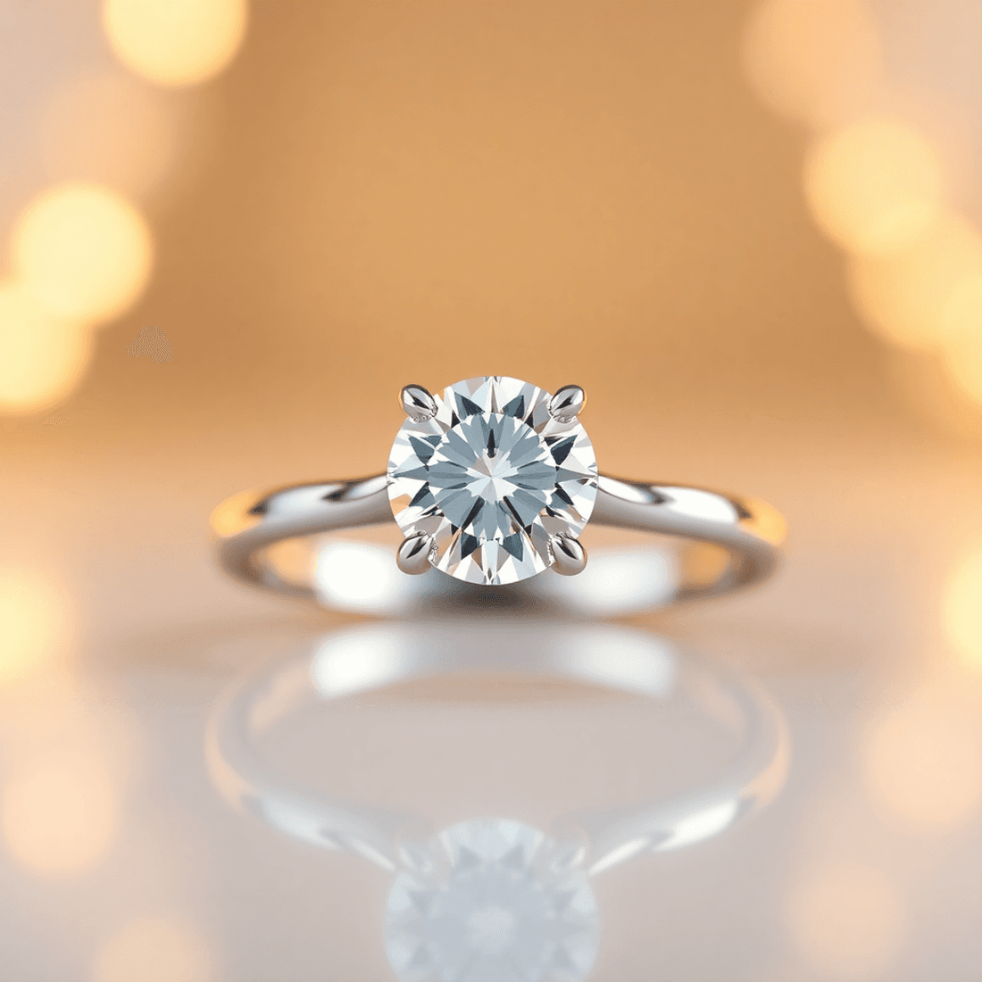 Close-up of a sparkling solitaire diamond engagement ring on an elegant band with warm, soft lighting highlighting its timeless beauty.
