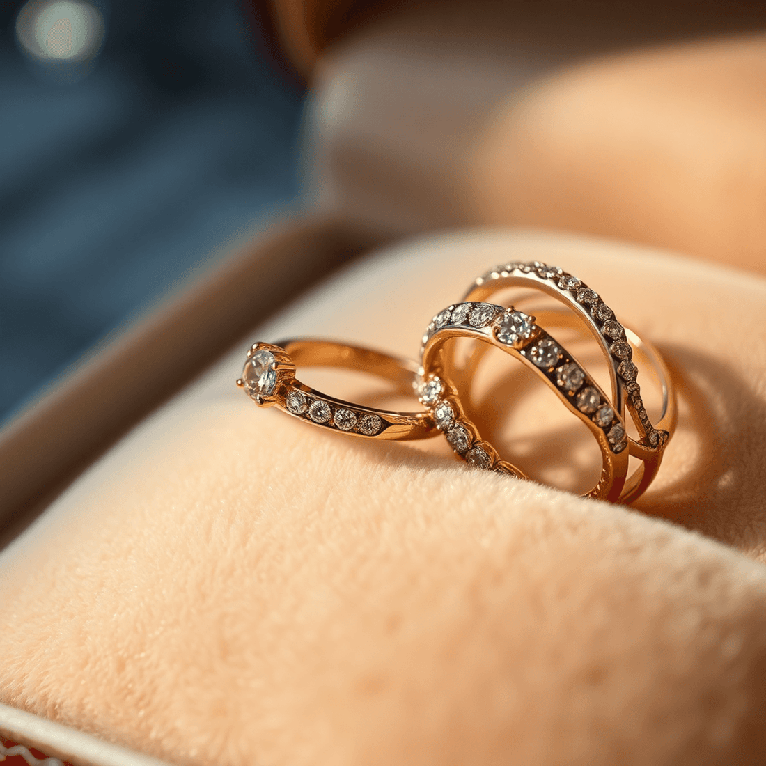 Close-up of elegant gold and platinum rings on soft velvet, showcasing metal colors and textures with warm, luxurious lighting in a realistic style.
