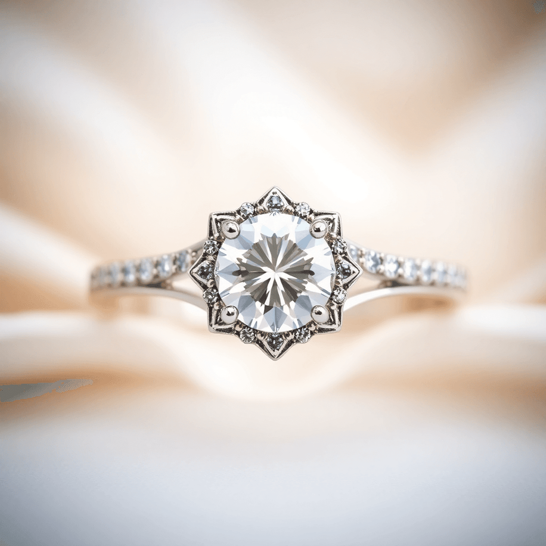 Close-up of a custom engagement ring with a sparkling diamond on a soft, elegant background symbolizing love and commitment.