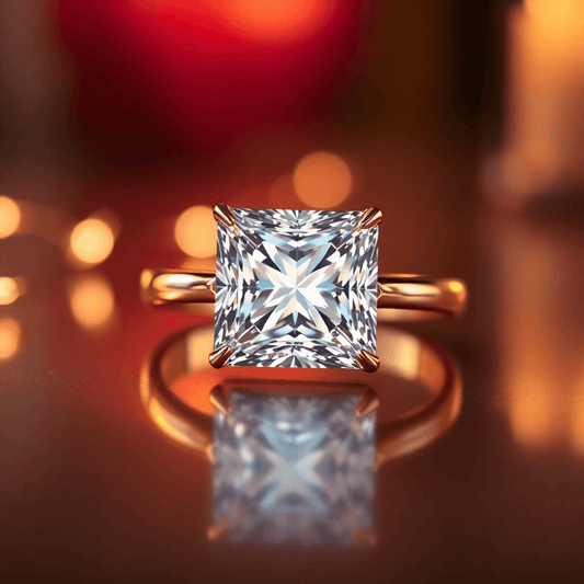 Close-up of a sparkling princess cut diamond ring on a simple band, glowing under warm light with a softly blurred romantic background.