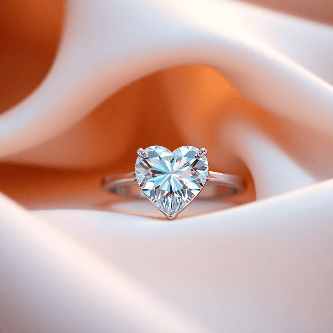 Close-up of a sparkling heart-shaped diamond ring on soft fabric with warm lighting, highlighting its brilliance and intricate craftsmanship.