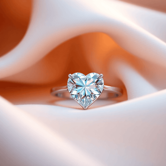 Close-up of a sparkling heart-shaped diamond ring on soft fabric with warm lighting, highlighting its brilliance and intricate craftsmanship.