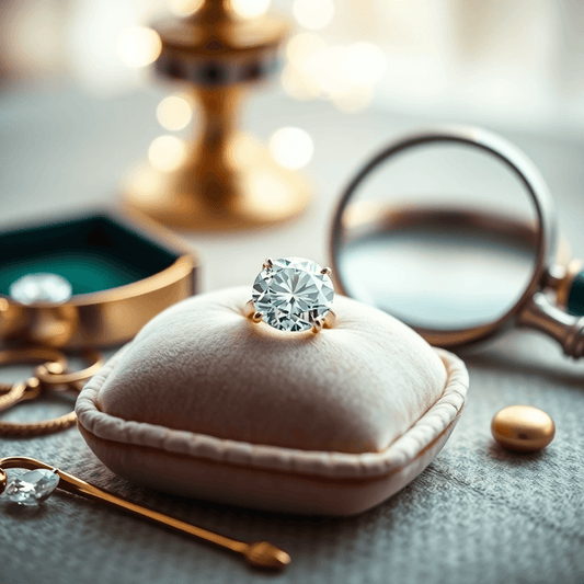Close-up of a sparkling diamond ring on a velvet cushion, surrounded by jewelry tools and a magnifying glass with warm, soft lighting.