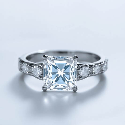 Close-up of a radiant cut diamond wedding band sparkling under soft light, highlighting geometric facets and intense fire on an elegant background.