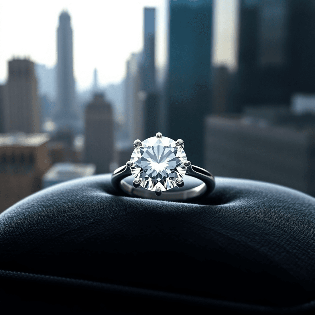 Close-up of a sparkling lab-grown diamond engagement ring on black velvet with a blurred New York City skyline in the background.