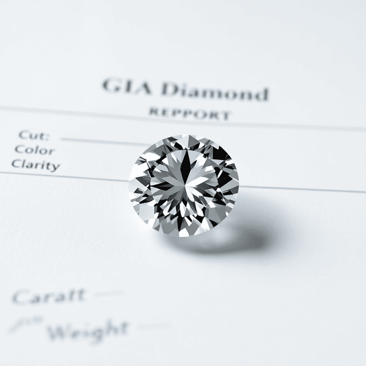 Close-up of a sparkling diamond on a detailed GIA Diamond Grading Report showing Cut, Color, Clarity, and Carat Weight.