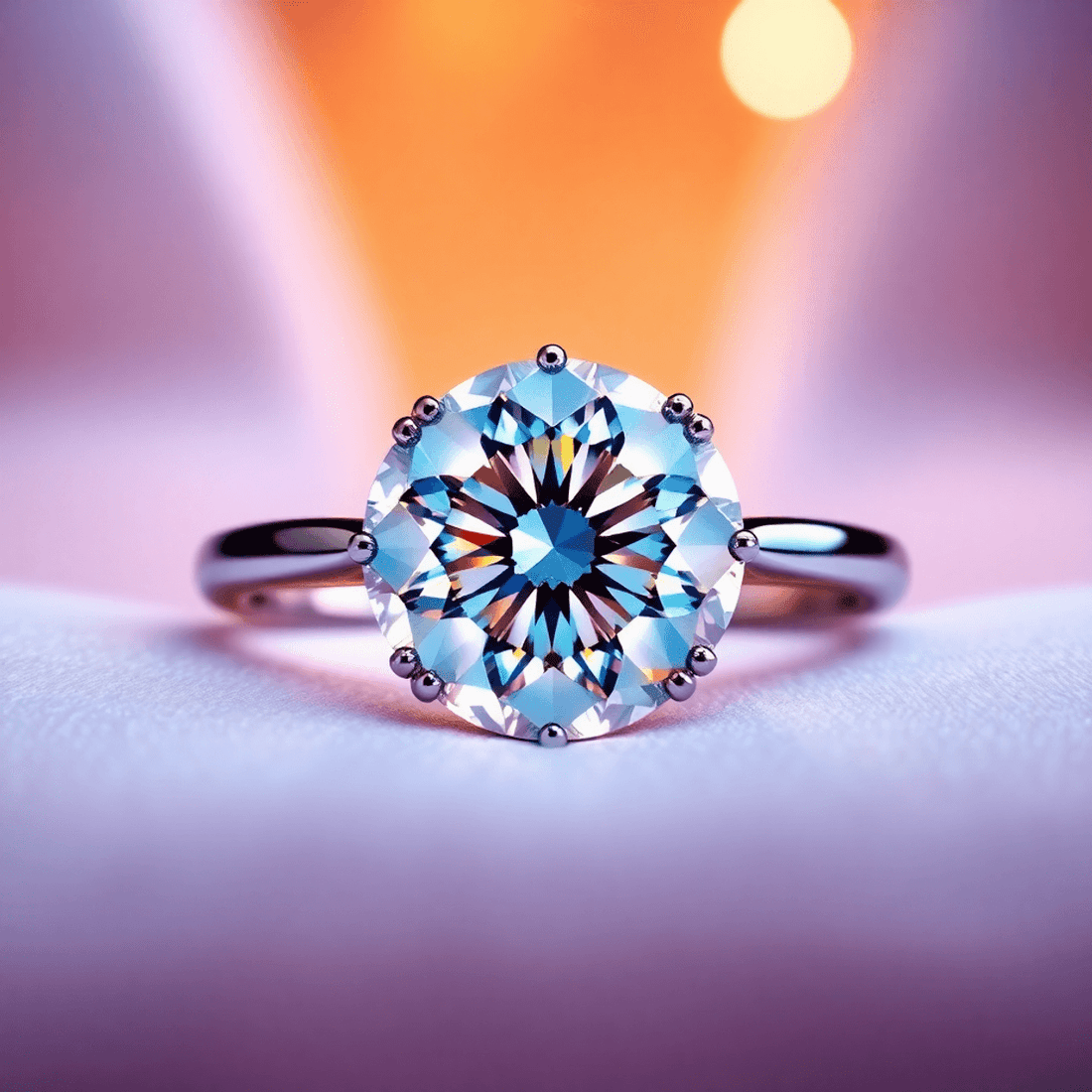 Close-up of a sparkling round brilliant diamond ring with colorful light reflections on a soft, elegant background, showcasing its brilliance and timeless beaut