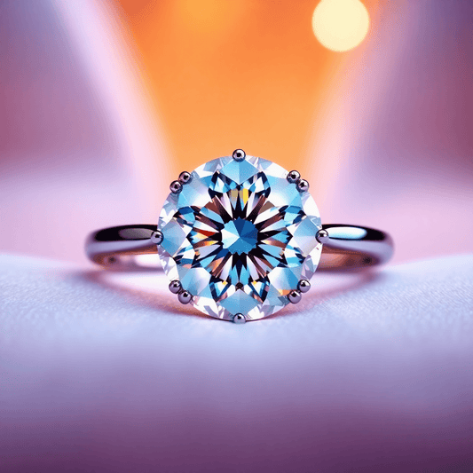 Close-up of a sparkling round brilliant diamond ring with colorful light reflections on a soft, elegant background, showcasing its brilliance and timeless beaut