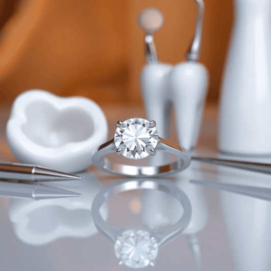 Close-up of a sparkling diamond ring on a reflective surface with tooth-shaped sculpture and silver dental tools in soft, warm lighting.
