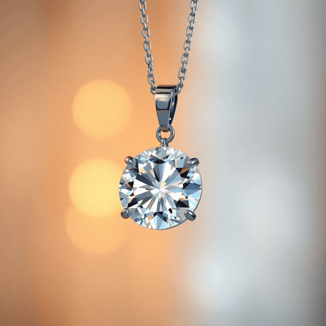 Close-up of a sparkling diamond pendant on a delicate silver chain with warm, glowing light and a soft, blurred background.