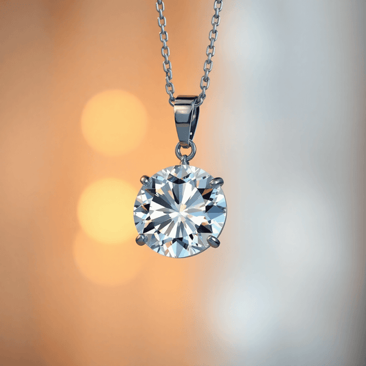 Close-up of a sparkling diamond pendant on a delicate silver chain with warm, glowing light and a soft, blurred background.