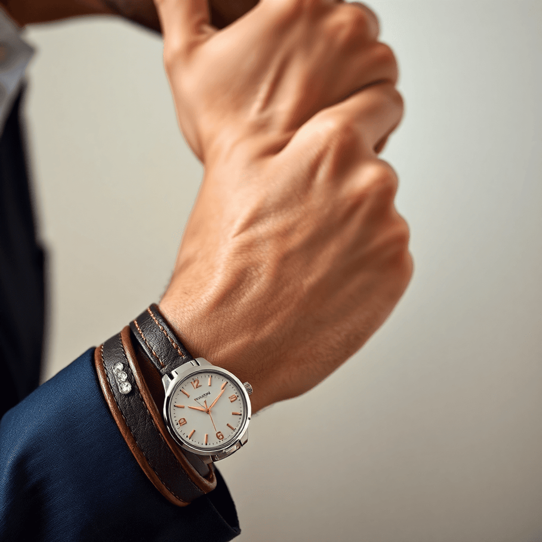Close-up of a man's wrist wearing a luxury watch, leather bracelet, and diamond eternity band ring against a soft, elegant background.