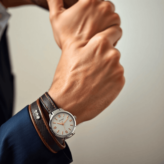 Close-up of a man's wrist wearing a luxury watch, leather bracelet, and diamond eternity band ring against a soft, elegant background.