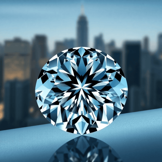 Close-up of a sparkling diamond with brilliant clarity against a sleek background featuring a subtle New York Diamond District skyline.