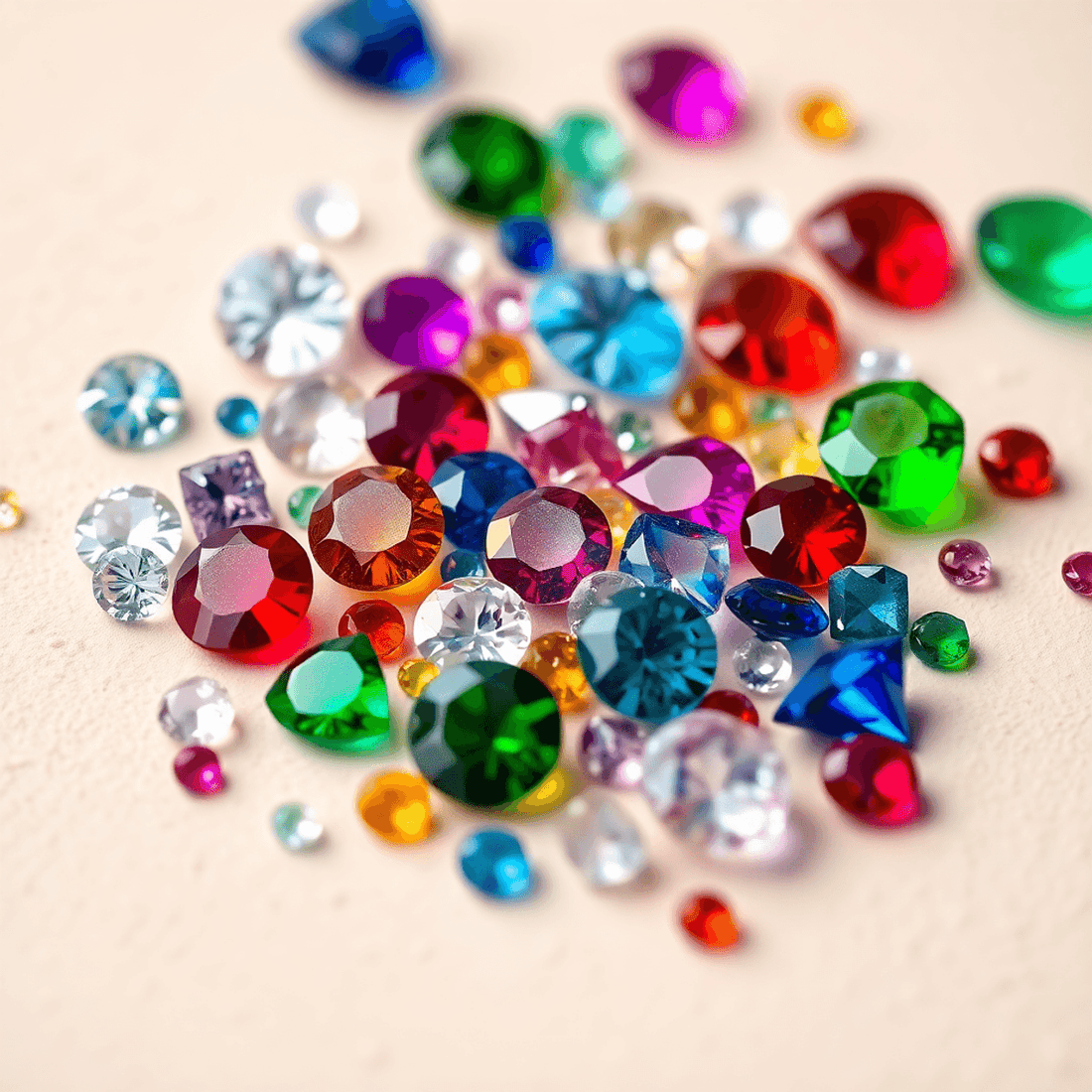 Close-up of loose diamonds, sapphires, rubies, and emeralds scattered on a soft neutral background, highlighting their vibrant colors and sparkling facets.
