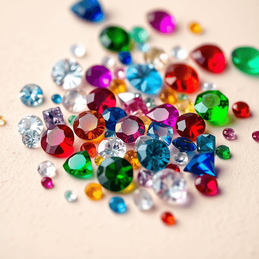 Close-up of loose diamonds, sapphires, rubies, and emeralds scattered on a soft neutral background, highlighting their vibrant colors and sparkling facets.