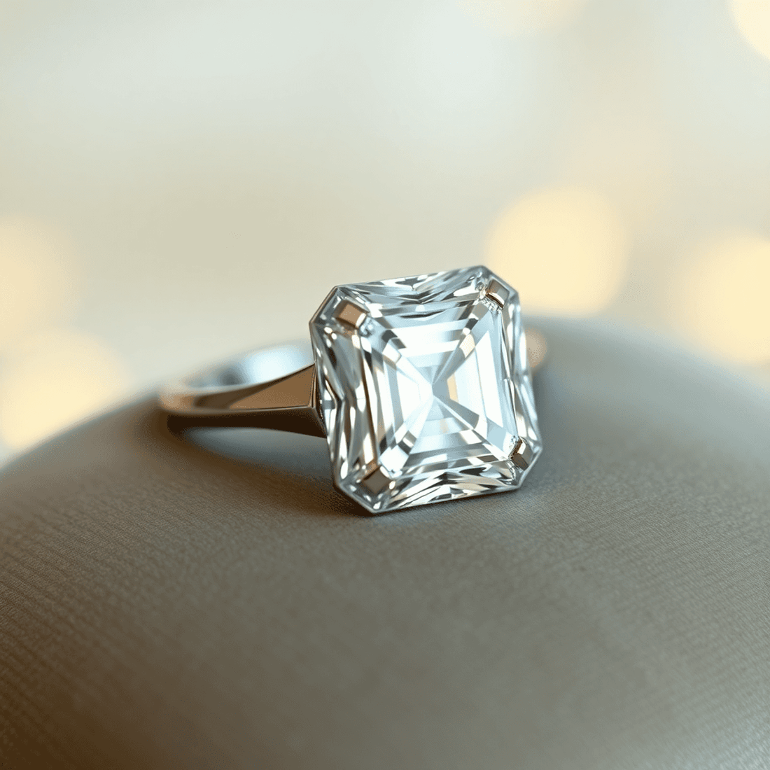 Close-up of a sparkling Asscher cut diamond ring on a vintage velvet cushion with warm lighting highlighting its geometric facets.