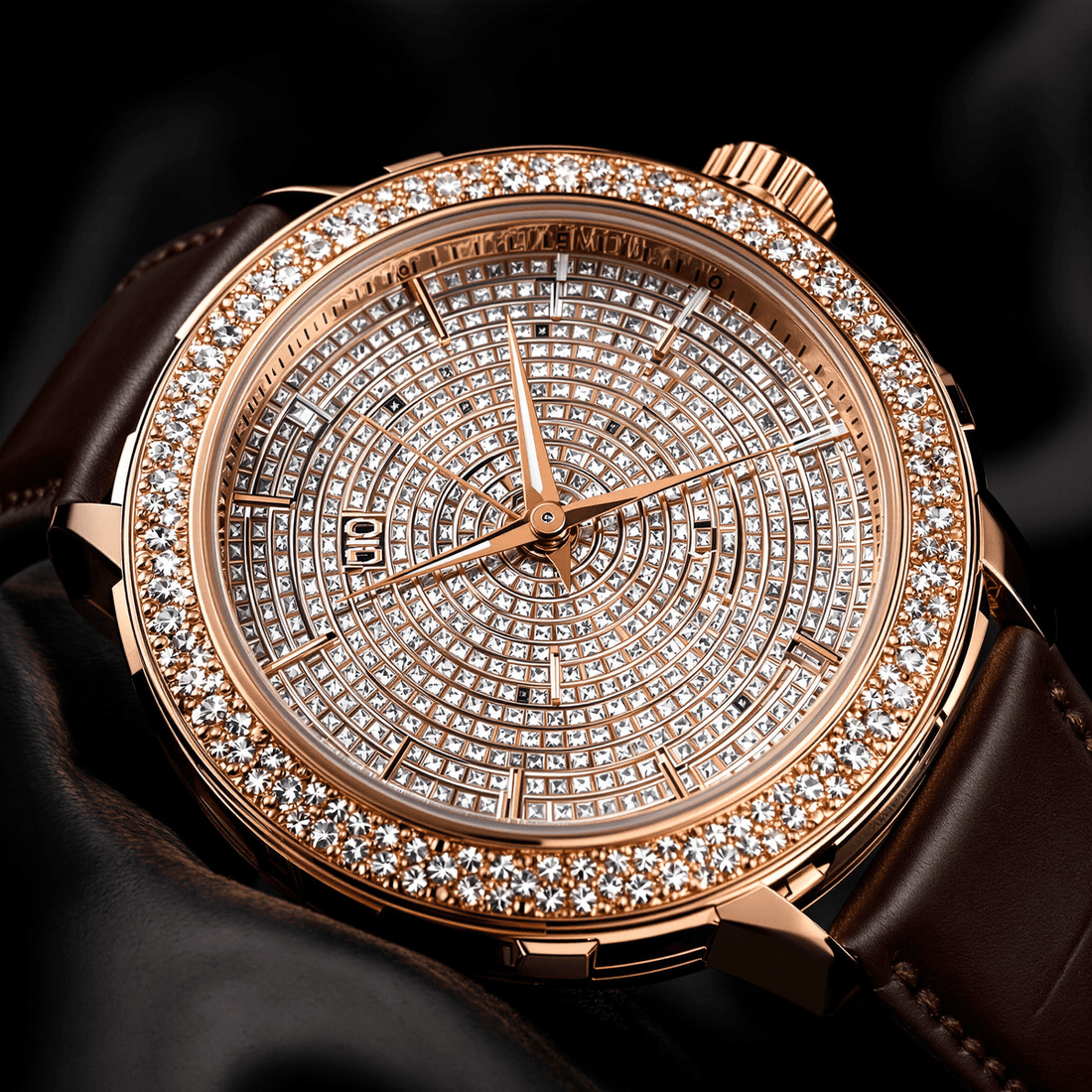 Close-up of a rose gold wristwatch with diamonds, intricate Swiss design, on a sleek leather strap against a dark elegant background.