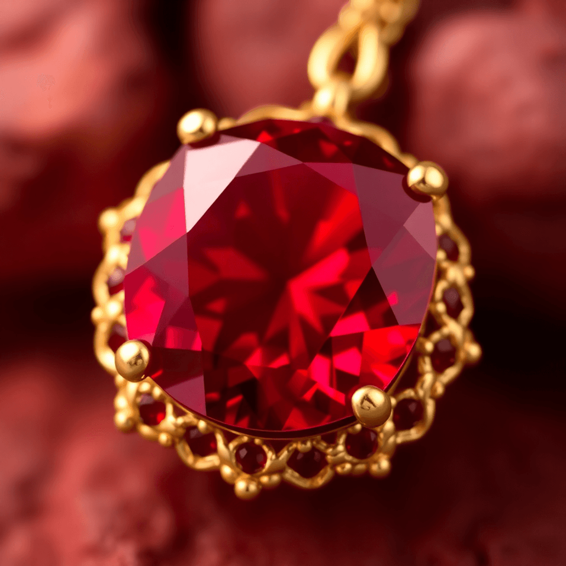 Close-up of a glowing deep red ruby gemstone set in elegant gold jewelry against a soft, warm background.